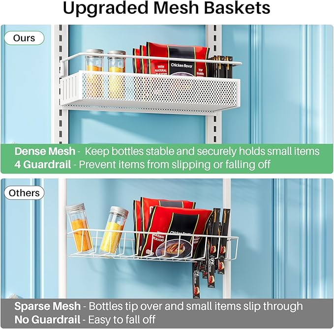 8 Tiers Over the Door Organizer - Height Adjustable Pantry Organizers and Storage with Dense Mesh Baskets, Anti-Swing Hanging Door Spice Rack for Kitchen Bathroom (White, 12.3"W x 4.7"D x 69"H) - Image 9