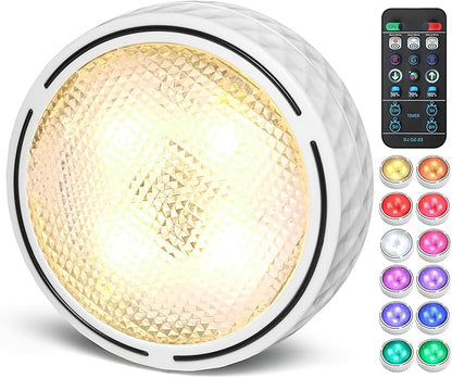 Under Cabinet Lighting, Battery Operated LED Puck Lights with Remote & Timer, Warm White & RGB Color Changing Stick on Tap Push Light for Kitchen Counter, Shelf, Display Case, 1 Pack, White