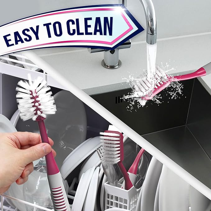 Dish Brush Set of 4 - Kitchen Scrub Brushes with Non-Slip Long Handle for Cleaning, Scrubber, Dishwashing, Dishes, Bottles, Straws, Cups, Pots & Sink, Red - Image 8