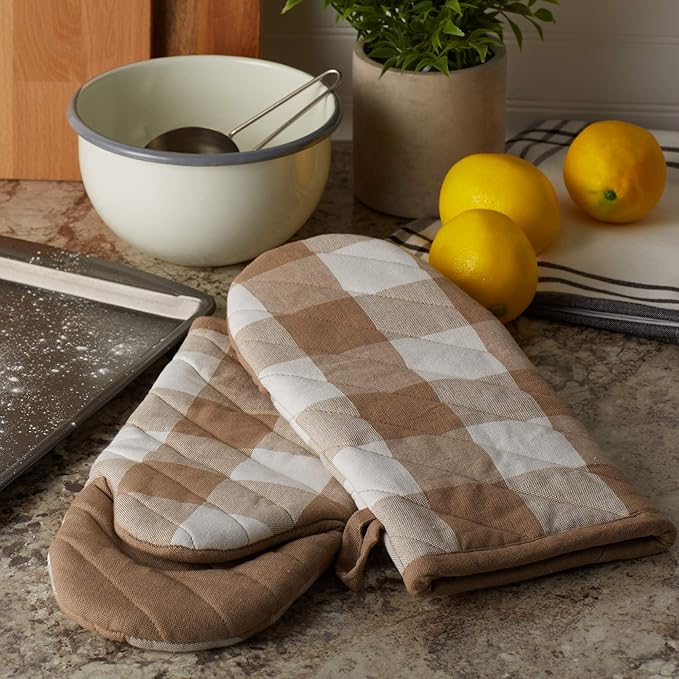 DII Buffalo Check Kitchen Collection, Classic Farmhouse Kitchen Set, Oven Mitt, Stone, 2 Piece