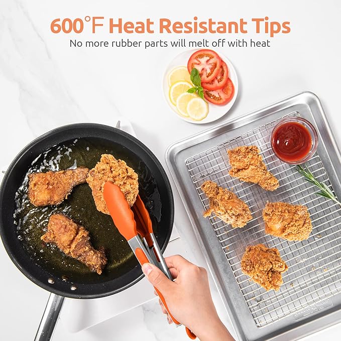 600ºF Heat Resistant Kitchen Tongs: U-Taste 9 inch Silicone Cooking Tong with Firm Sealed Non Stick Rubber Tips & Silicon Coated 18/8 Stainless Steel Handle & Smooth Locking for Serving Grill (Orange) - Image 3