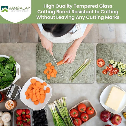 JAMBALAY Tempered Glass Cutting Board for Kitchen, 16"x12" Glass Cutting Board with Design, Chopping Board with Rubber Non Slip Feet, Heat, Shatter Resistant, Dishwasher Safe, Brown