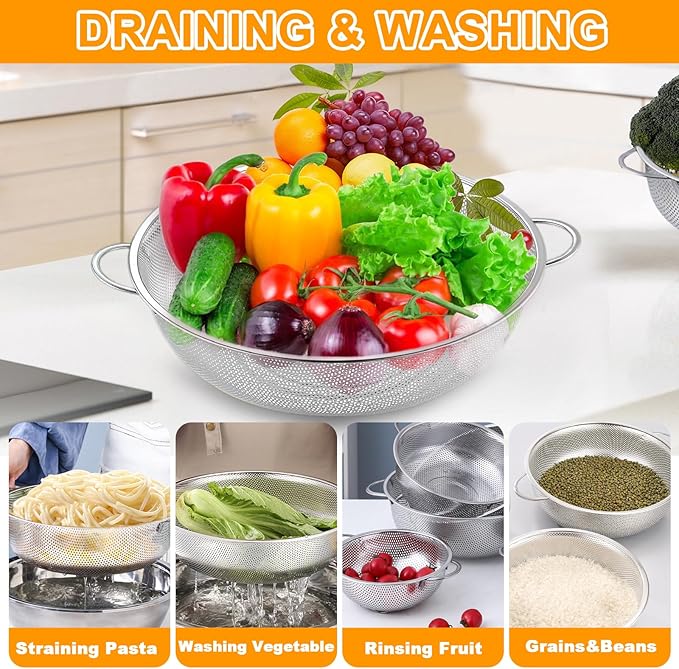 Colander Stainless Steel, 7 Piece Strainers and Colanders Set, Mesh Strainer Net Baskets with Handles, 2 Stainless Steel Plates and Fine Mesh Strainer for Kitchen Food Strain Drain Rinse Cooking - Image 3