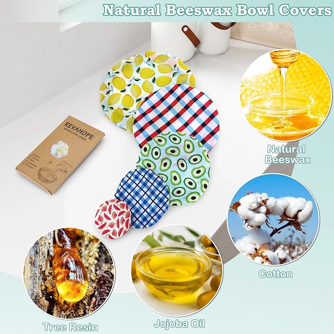 5-Size Reusable Beeswax Bowl Covers for Bread Proofing, Cotton Cloth Flexible Beeswax Wraps for Food Storage(Fruit Grid) - Image 3