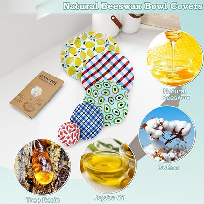 5-Size Reusable Beeswax Bowl Covers for Bread Proofing, Cotton Cloth Flexible Beeswax Wraps for Food Storage(Fruit Grid) - Image 3