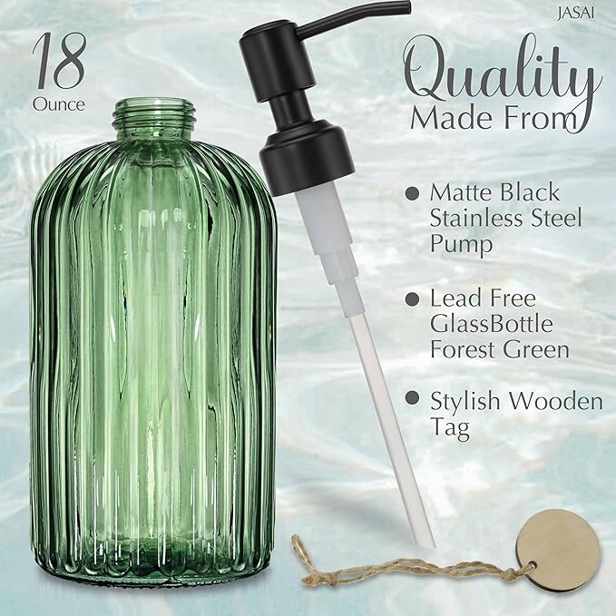 JASAI 18Oz Green Glass Soap Dispenser with Black Rust Proof Pump, Refillable Bathroom soap Dispenser with Thick Glass, Soap Dispenser Bathroom for Kitchen Dish soap, Hand Soap, Lotion, Body Wash. - Image 2