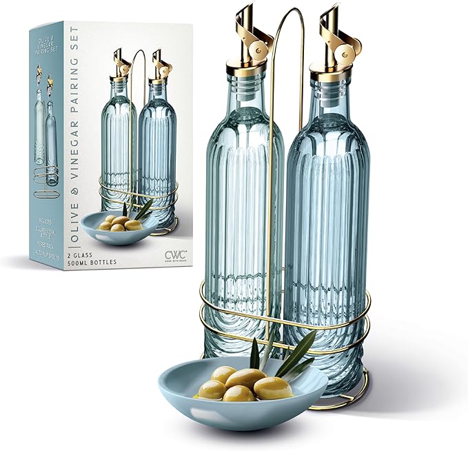 COOK WITH COLOR Glass Olive Oil Bottle Dispenser - 2 Pack- 17oz Oil and Vinegar Cruet - Olive Oil Carafe Decanter for Kitchen, Elegant Fluted, Blue by CookwithColor