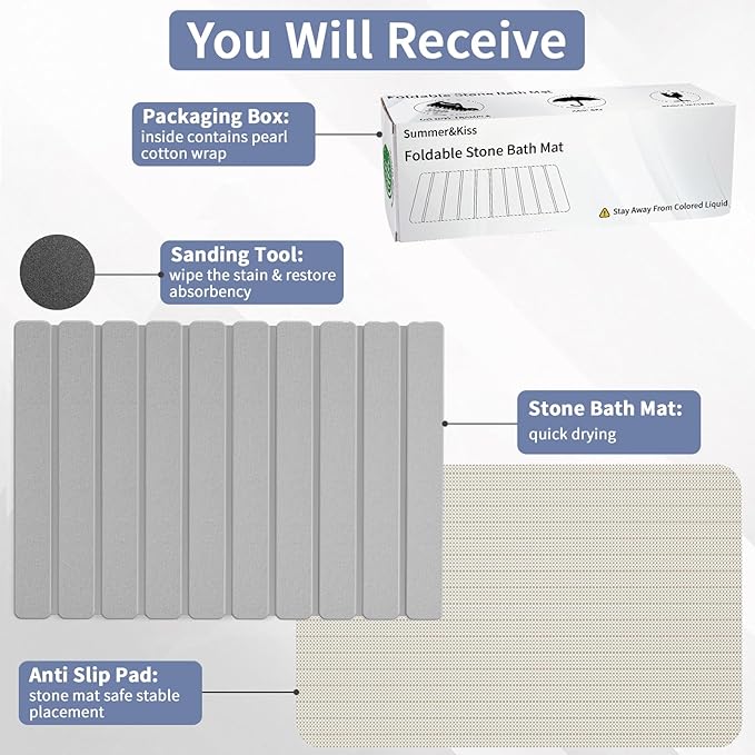 Foldable Stone Bath Mat, Quick Dry Stone Drying Mats for Bathroom, Super Absorbent Rollable Bath Mat, Non Slip, Large Diatomaceous Earth Dish Drying Mats for Kitchen Counter, 23.5 x 15.4in - Image 4