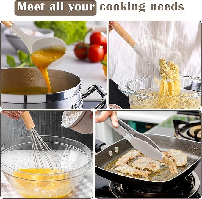 E-far Silicone Cooking Utensils Set, 10-Piece Heat Resistant Kitchen Utensils Set with Wooden Handle for Nonstick Cookware, Kitchen Nonstick Tools Spatula Whisk Tongs Ladle, Non-toxic & Healthy(Khaki) - Image 6