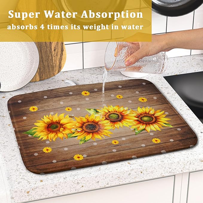 Summer Sunflower Bee Dish Drying Mat for Kitchen Counter,Rustic Yellow Flowers White Polka Dots Drying Mat 16 x 18 Inch with Absorbent Reversible Microfiber Drying Pad for Coffee Bar - Image 7