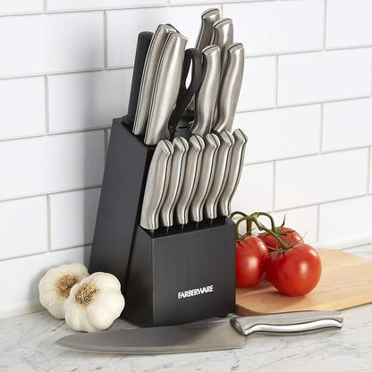 Farberware 15-Piece Stamped Stainless Steel Knife Block Set, High-Carbon Stainless Steel Kitchen Knife Set with Ergonomic Handles, Razor-Sharp Knives with Wood Block, 15-Piece, Black 2 - Image 4