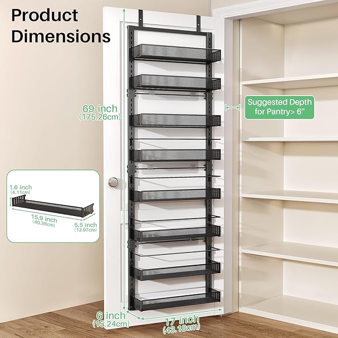 SNTD 8 Tiers Over the Door Organizer - Height Adjustable Pantry Organizers and Storage with Dense Mesh Baskets, Anti-Swing Hanging Door Spice Rack for Kitchen Bathroom (Black, 17" W x 6" D x 69" H) - Image 2