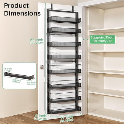 SNTD 8 Tiers Over the Door Organizer - Height Adjustable Pantry Organizers and Storage with Dense Mesh Baskets, Anti-Swing Hanging Door Spice Rack for Kitchen Bathroom (Black, 17" W x 6" D x 69" H) - Image 2