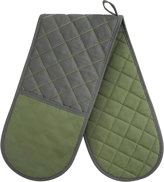 AUAUY Green Double Oven Mitts, 250°C/482°F Heat Resistant BBQ Mittens with Ropes, Silicone Non-Slip Design Kitchen Mittens, Cooking Glove Kitchen Accessories for Cooking Baking Grilling by AUAUY