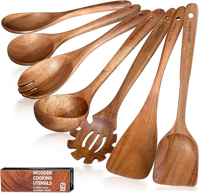 Wooden Utensil Set,WOTTISH 7Pcs Nonstick Wood Spatula,Wooden Kitchen Utensils Set Non Toxic,Wooden Spoons for Cooking（A07） by WOTTISH