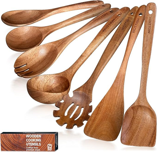 Wooden Utensil Set,WOTTISH 7Pcs Nonstick Wood Spatula,Wooden Kitchen Utensils Set Non Toxic,Wooden Spoons for Cooking（A07） by WOTTISH