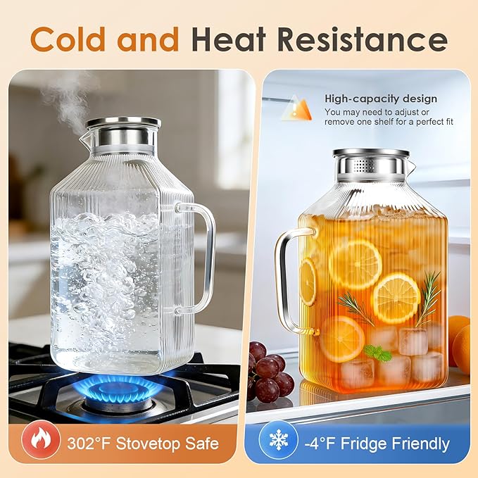 1 Gallon thickened Square Glass Pitcher with Lid, Spout and Handle, Striped Water Pitcher for Fridge, Borosilicate Glass Carafe for Cold Water & Hot Brew, Large Jug for Iced Tea, Coffee, Juice