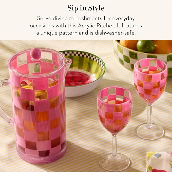 MACKENZIE-CHILDS Acrylic Pitcher with Spout for Water, Lemonade, and Farmhouse Home Decor, 2.5 Quarts, Pink Check - Image 2