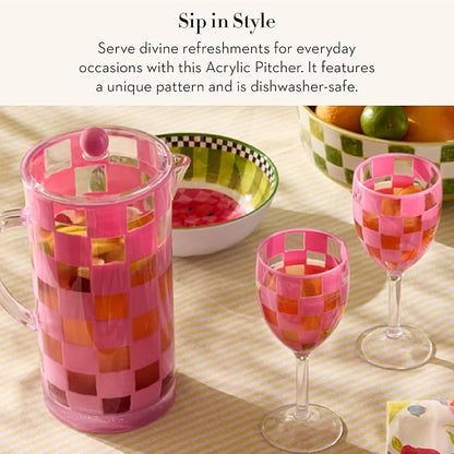 MACKENZIE-CHILDS Acrylic Pitcher with Spout for Water, Lemonade, and Farmhouse Home Decor, 2.5 Quarts, Pink Check - Image 2