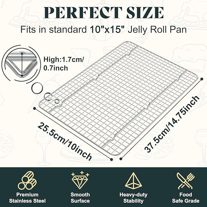Cooling Racks for Cooking and Baking - 10"x14.75" Oven Safe Premium Stainless Steel Heavy Duty Baking Rack Tight-Wire, Fits Jelly Roll Pan Rack for Roasting & Grilling & Cooking - Set of 2 - Image 2