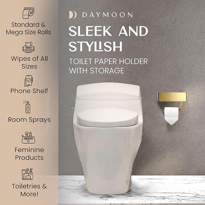 Day Moon™ - Toilet Paper Holder with Shelf - Modern Roll Holder for Bathroom - 1 Pack - Wall Mount - with Storage, Gold - Image 3
