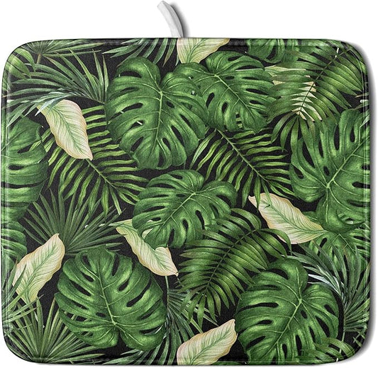Giwawa Tropical Palm Leaf Dish Drying Mat for Kitchen Countertop, 16"x18" Summer Green Monstera Dish Drainer Mats, Hawaiian Banana Leaves Fast Dry Microfiber Large Dish Drying Pad Decoration