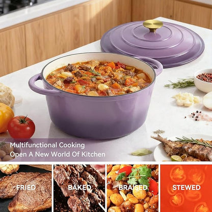Miereirl 4.5 Quart Enameled Dutch Oven Pot with Lid, Cast Iron Dutch Oven with Dual Handles for Bread Baking, Cooking, Non-stick Enamel Coated Cookware, Purple - Image 6