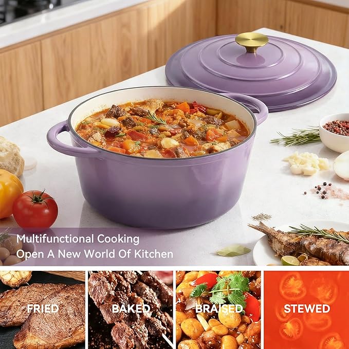 Miereirl 6 Quart Enameled Dutch Oven Pot with Lid, Cast Iron Dutch Oven with Dual Handles for Bread Baking, Cooking, Non-stick Enamel Coated Cookware, Purple - Image 4