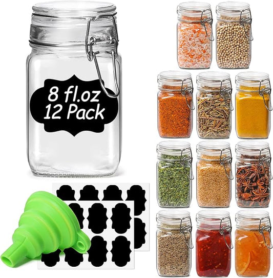 ComSaf Set of 12 Square Glass Jars with Airtight Lids (8 Oz), Pantry Canisters for Spices, Jams, & Herbs, Wire Clamp Jar for Overnight Oats, Pickling, Favors, Includes Labels & Funnel by ComSaf