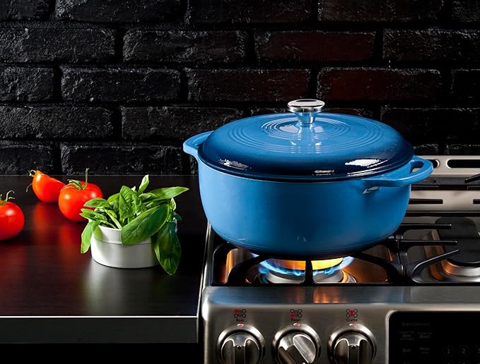 Lodge Essential Enamel Cast Iron Dutch Oven with Lid - Oven-Safe Enamel Cookware up to 500° F - Heat-Retaining Braising & Roasting Pot - Non-Toxic Cookware - 7.5 Quart, Carribean Blue - Image 4