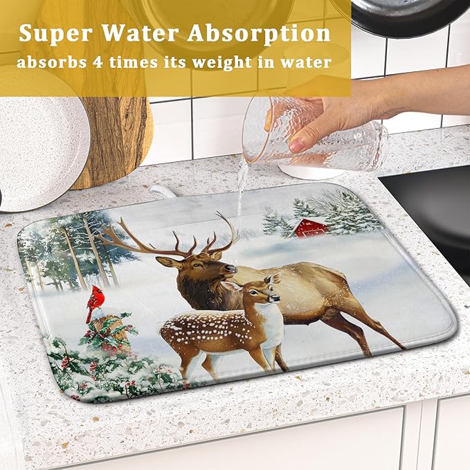 Giwawa Winter Deer Dish Drying Mat 16"x18" Xmas Tree Bird Holly Berry Dish Drainer Mats Elk Moose Snow Cottage Farmhouse Reversible Small Dish Drying Pad Protector for Kitchen Countertop Decor