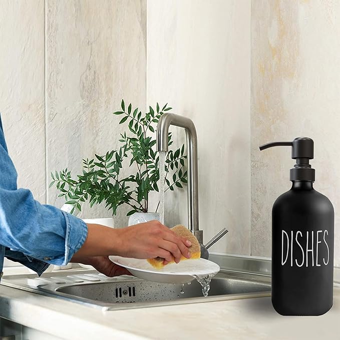 Sunrise Premium 16 OZ Thick Black Glass Soap Dispenser, Matte Black Stainless Steel Pump 2 Pack, Hand and Dish Soap Dispenser Set for Bathroom with 6 Waterproof Labels - Image 4