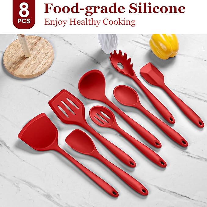 LIANYU 8-Piece Kitchen Utensils Set, Silicone Cooking Utensil Spatula Sets, Heat Resistant Cooking Gadgets Tools Set for Non-stick Cookware, Dishwasher Safe, Red - Image 3