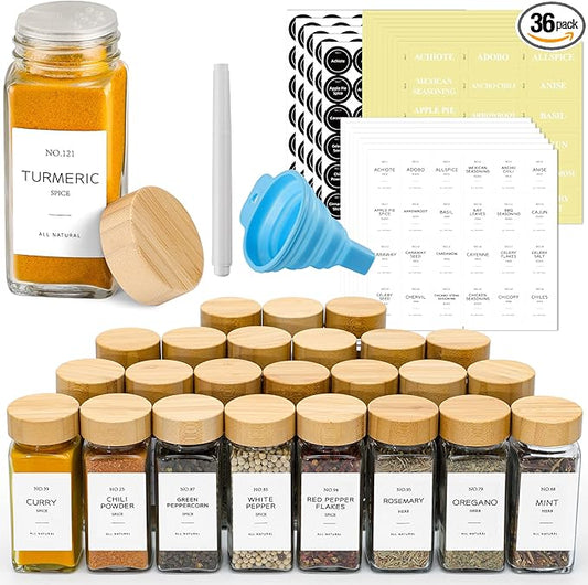 NETANY 36 Pcs Glass Spice Jars with Bamboo Lids, 4 oz Glass Jars with Minimalist Farmhouse Spice Labels Stickers, Collapsible Funnel, Seasoning Storage Bottles for Spice Rack, Cabinet, Drawer by NETANY