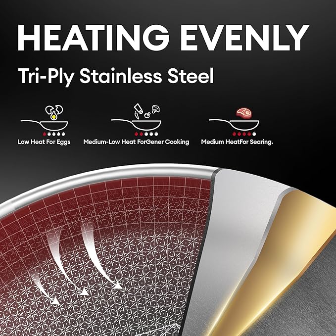 COOKER KING 10-Inch Stainless Steel Pan, Hybrid Nonstick Frying Pan, Skillet, 3-Ply Clad Cookware, Even Heat Distribution, Dishwasher & Oven Safe, with Stay-Cool Handle, Induction Compatible - Image 3