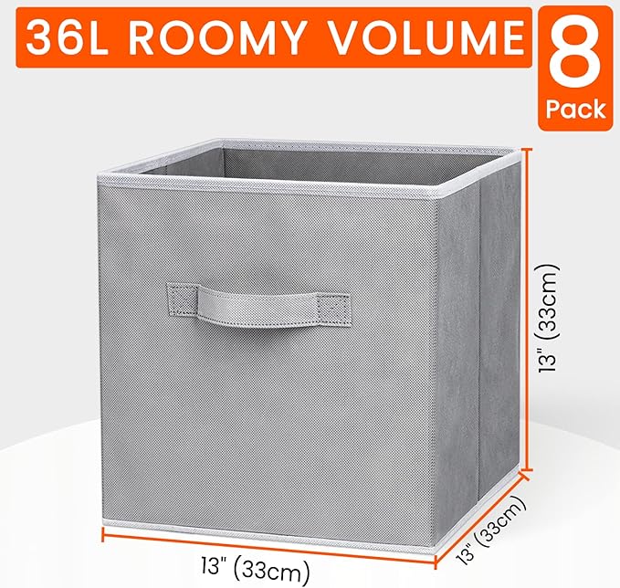 Criusia Large Storage Cubes - 13 Inch Heavy Duty Fabric Storage Bins for Shelves Closet, Cube Organizer - 8 Pack Collapsible Cube Storage Bins Baskets for Organizing Clothes Blankets Toys (Grey) - Image 2