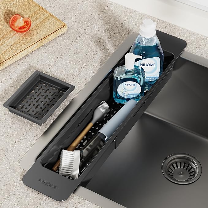 NiHome Extendable Sink Kitchen Organizer, Extra Long Telescopic Brush Storage Rack for Sponge, Non-Slip Pads Expandable Sink Caddy, Adjustable Sponge/Brush Rack with Drainage Durable ABS (Black) - Image 2