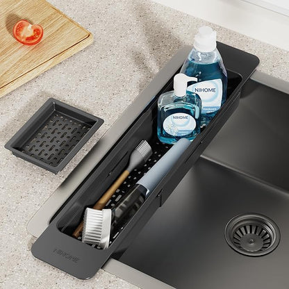 NiHome Extendable Sink Kitchen Organizer, Extra Long Telescopic Brush Storage Rack for Sponge, Non-Slip Pads Expandable Sink Caddy, Adjustable Sponge/Brush Rack with Drainage Durable ABS (Black) - Image 2