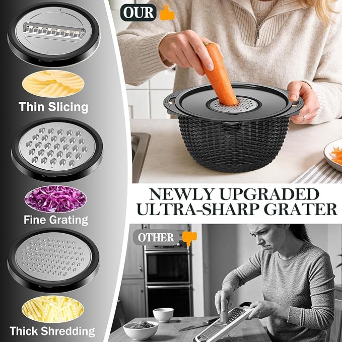 4-1 Colander with Bowl Set - Colander for Kitchen - Rotatable Strainers and Colanders(Patented) - Pasta Strainer - Bowl With Colander & New Upgraded Graters for Fruit Veggie, Kitchen Essentials, Black - Image 5