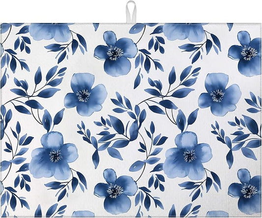 Blue Floral Dish Drying Mat for Kitchen Counter Flower Leaves Drying Pad Absorbent Reversible Dish Drainer Rack Mats Draining Pad 18"x24"Inch by MOUNTANLLY