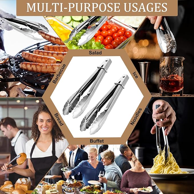 Meanplan 50 Pcs Small Stainless Steel Kitchen Tongs 7 Inch Food Serving Tongs Metal Cooking Clips High Heat Resistant Clips with Sliding Rings for Buffet Food Cooking Salad Grilling, Silver - Image 3