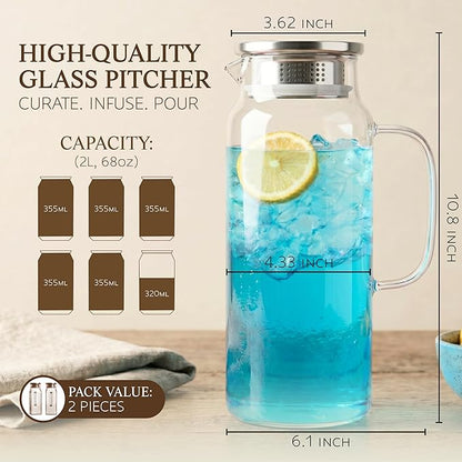 2 Pack Glass Pitcher with Lid and Handle, 68oz 2 Liter Borosilicate Glass Water Pitcher for Fridge, Heat Resistant Iced Tea Pitcher, Glass Carafe for Hot Cold Beverages Juice Lemonade