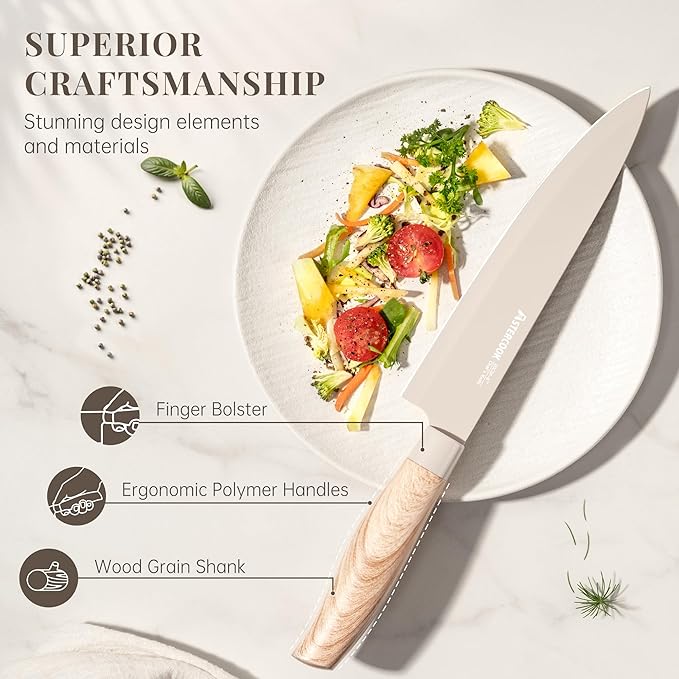 Astercook Knife Set, 6-Piece Kitchen Knife Set with Block, High Carbon Stainless Steel Ultra Sharp Kitchen Knives, Wood Grain Handle, Dishwasher Safe Knife Block Set, Khaki, Mothers Day Gifts - Image 5