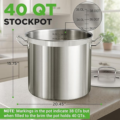 NutriChef Stainless Steel Stock Pot with Lid 40 Qt | Non-Reactive 8/8 Interior Induction Pot with Even Heat Base | Compatible with Gas, Ceramic, and Halogen Cooktops | 500°F Max, 20.45 x 15.3 Inches