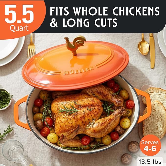 MUELLER HOME 5.5 Quart Enameled Cast Iron Oval Dutch Oven w Rooster Knob & Cotton Potholders, Heavy-Duty Cookware, Oven-Safe up to 500° F & Across All Cooktops, Gifts for Grandma & Women, Orange - Image 3
