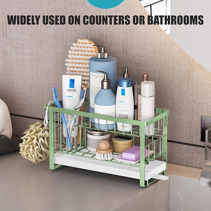 Sponge Holder for Kitchen Sink with Flexible Sink Caddy Smiley Face,2 Tier Kitchen Sink Organizer Countertop and Storage Essentials,Soap Dispenser Organize,Home Decor Accessories-Green - Image 7