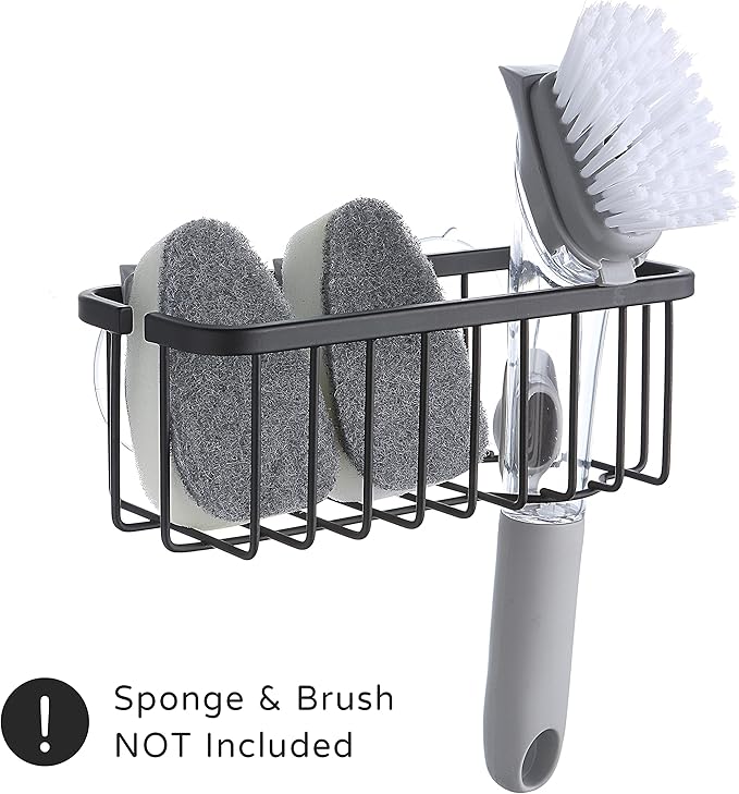 SunnyPoint NeverRust Deluxe Kitchen & Bathroom Sink Sponge Holder Organizer with Adhesive Mount - Additional Suction Cup Included – Sponge & Brush NOT Included – 7.4 x 3.3 x 2.75 Inch (Mat Black) - Image 3