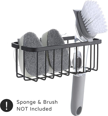 SunnyPoint NeverRust Deluxe Kitchen & Bathroom Sink Sponge Holder Organizer with Adhesive Mount - Additional Suction Cup Included – Sponge & Brush NOT Included – 7.4 x 3.3 x 2.75 Inch (Mat Black) - Image 3