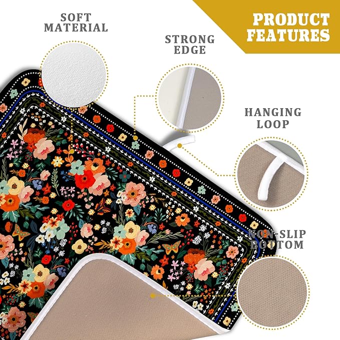Black Flowers Dish Drying Pad Boho Floral Washable Microfiber Kitchen Mat for Home Decor - Image 4