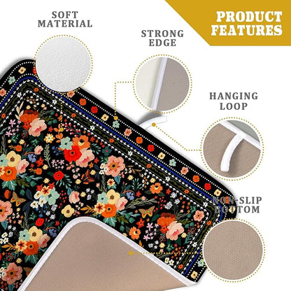 Black Flowers Dish Drying Pad Boho Floral Washable Microfiber Kitchen Mat for Home Decor - Image 4